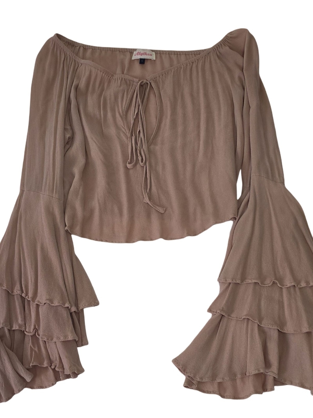 Alythea Bell Sleeve Crop Top Women's Large Taupe Boho Fairy Peasant Tie Front